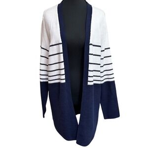 Chico's Sz 1 US 8 M Cardigan Sweater Open Front Navy White Coastal Stripes